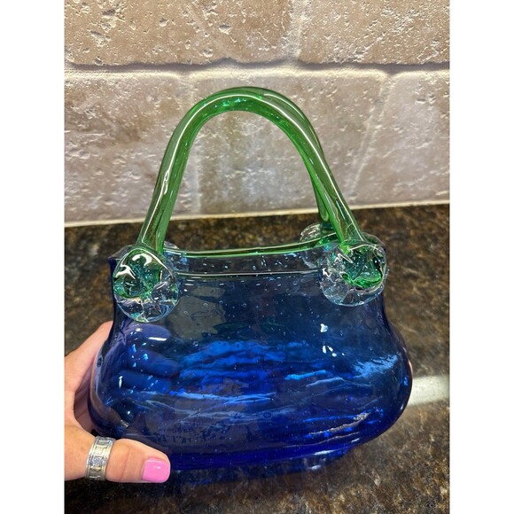 Murano Blown Glass Decorative Handbag Vase Blue Green EUC - Picture 4 of 7